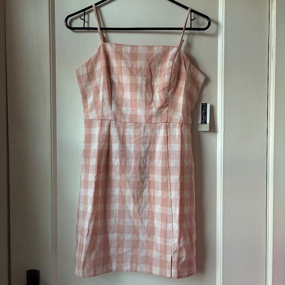 NEW BP Gingham Peach-White Plaid Mini Dress - Picture 2 of 4
